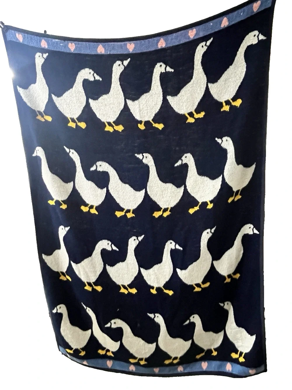 Vintage Vuteks Crown Crafts Goose Blanket Reversible 58x84 Hearts Cottagecore